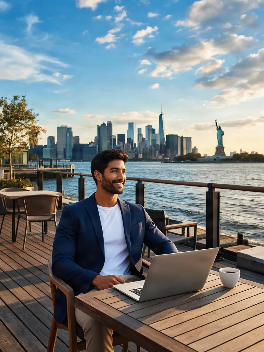 Relaxed founder working by the water with the New York skyline and the Statue of Liberty at golden hour