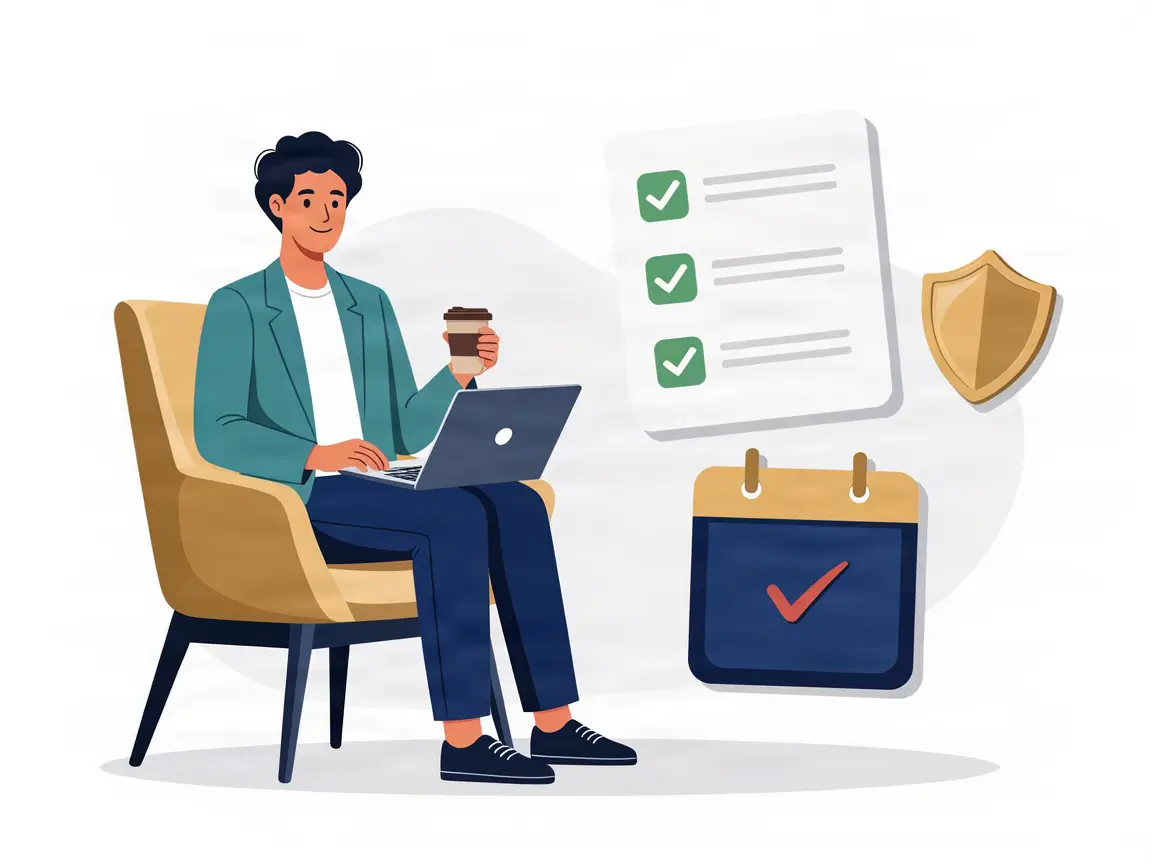 Founder relaxing with laptop while compliance tasks are checked off