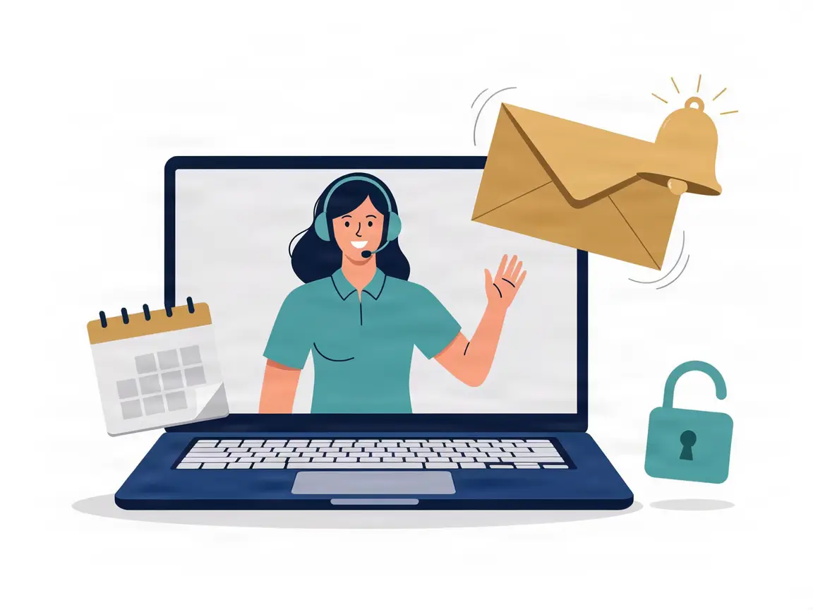 Support agent on a laptop with reminder bell and calendar