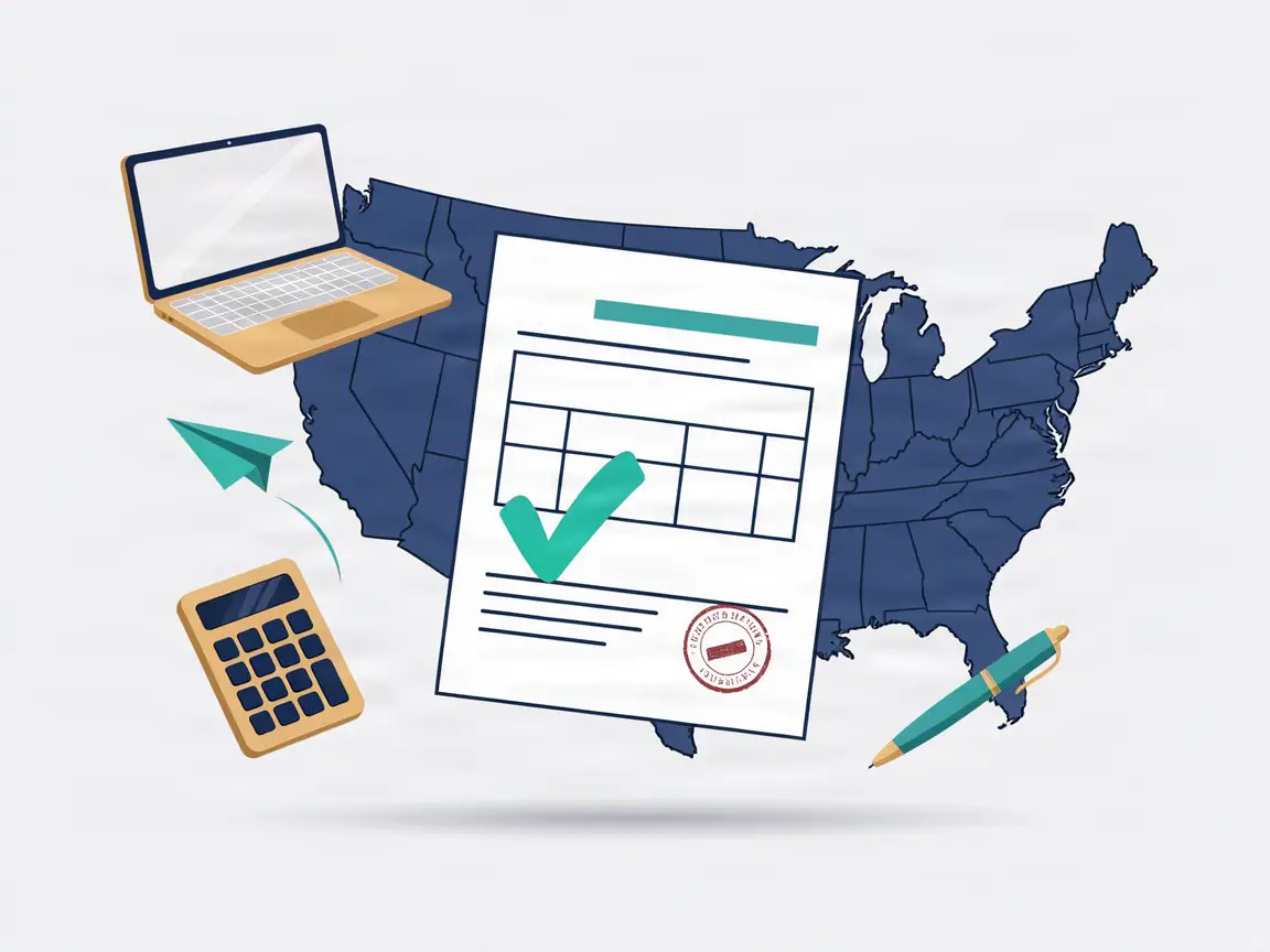 Tax forms over a map of the United States