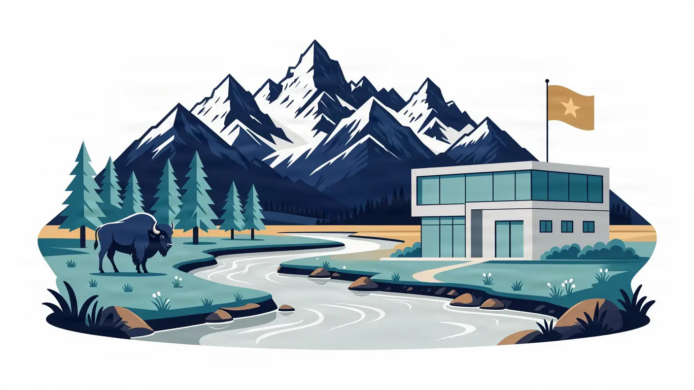 Wyoming mountains and a small business building